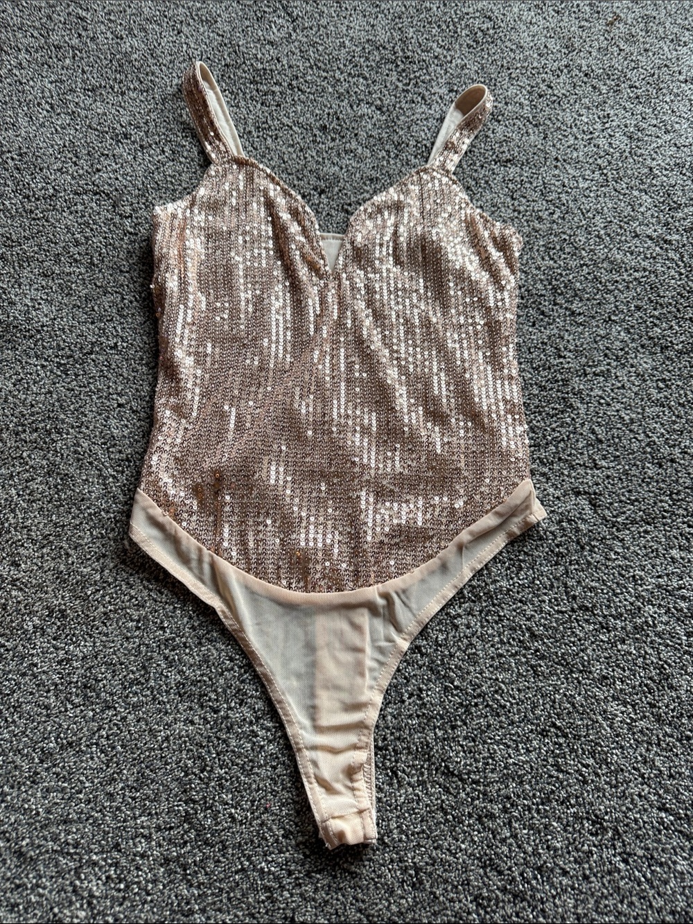 Sequin V-Neck Bodysuit in Rose Gold - Women's Sparkle Tank Bodysuit